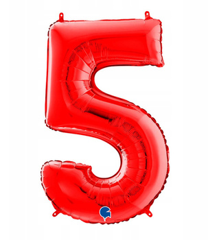 Czerwony balon foliowy cyfra 5 – 66 cm Grabo, oszczędny w zużyciu helu