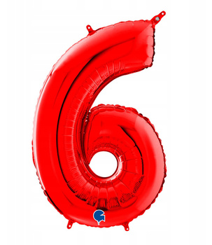 Czerwony balon foliowy cyfra 6 – 66 cm Grabo, oszczędny w zużyciu helu