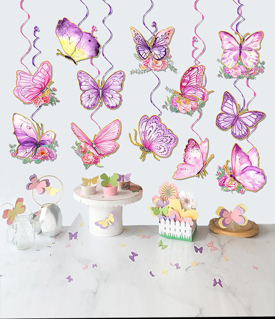 Motylki Wiszące Dekoracje Party Zestaw 12szt. + Serpentyny