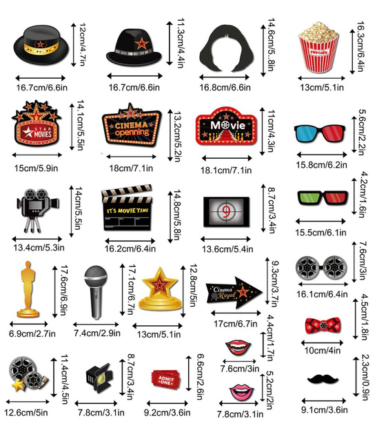 Zestaw gadżetów filmowych do zdjęć – Hollywood, Oscar, kino party