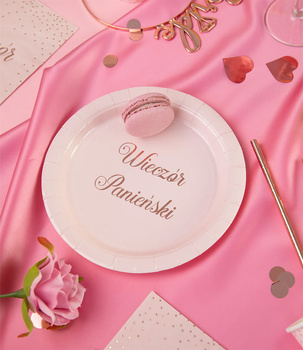 Talerzyki Papierowe „Wieczór Panieński” – 6 szt., 18 cm, pudrowy róż