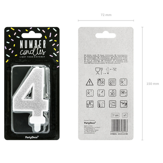 Świeczka urodzinowa srebrna brokat cyfra 4 cztery